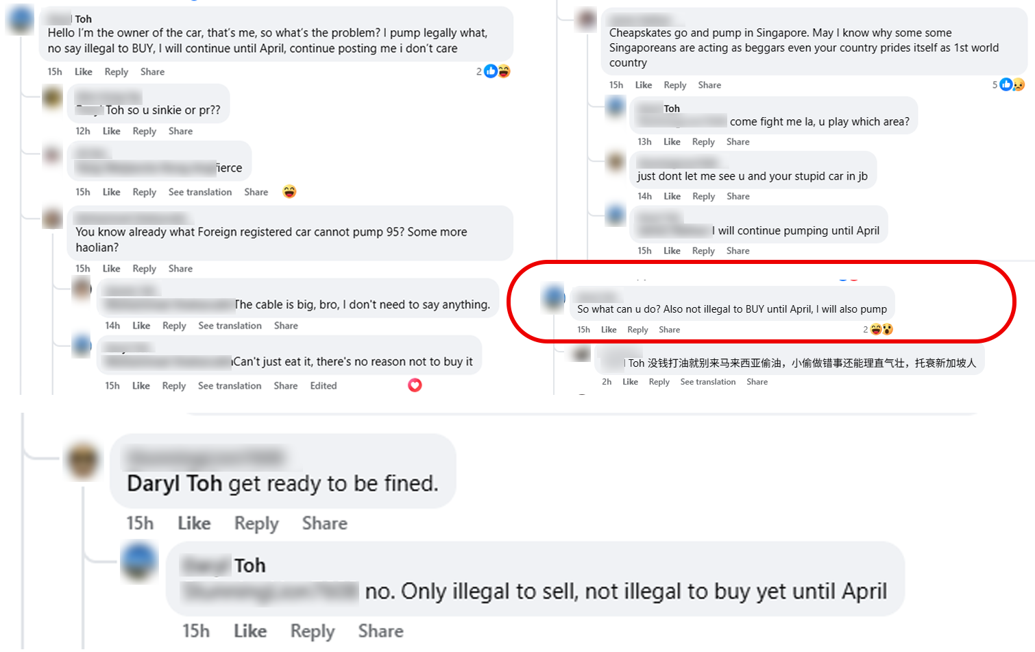 Exchanges between the alleged driver and Facebook users on a Singapore-Johor Facebook group's post on the incident.