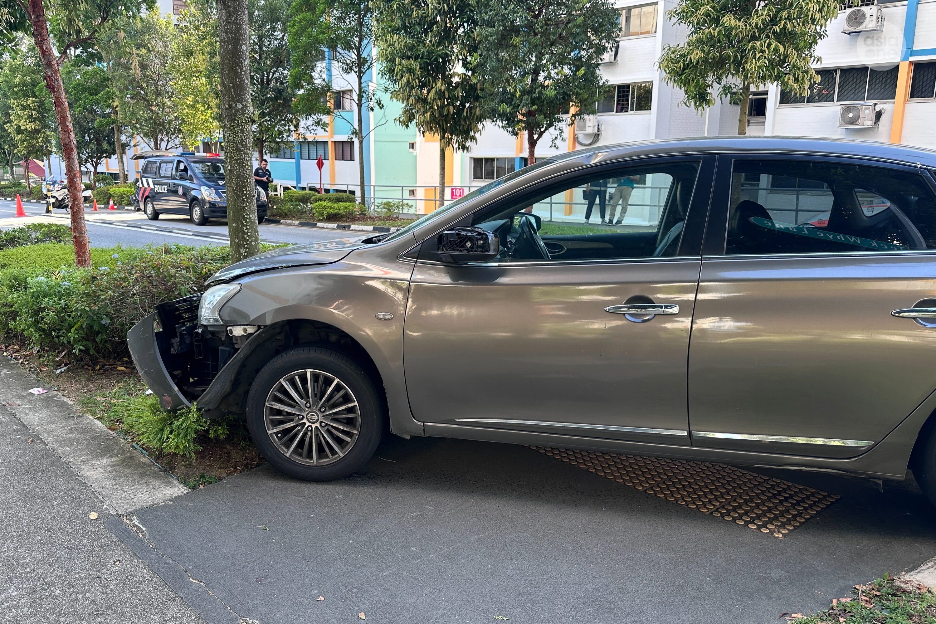 The damaged front bumper of the car driven by the 29-year-old male driver.