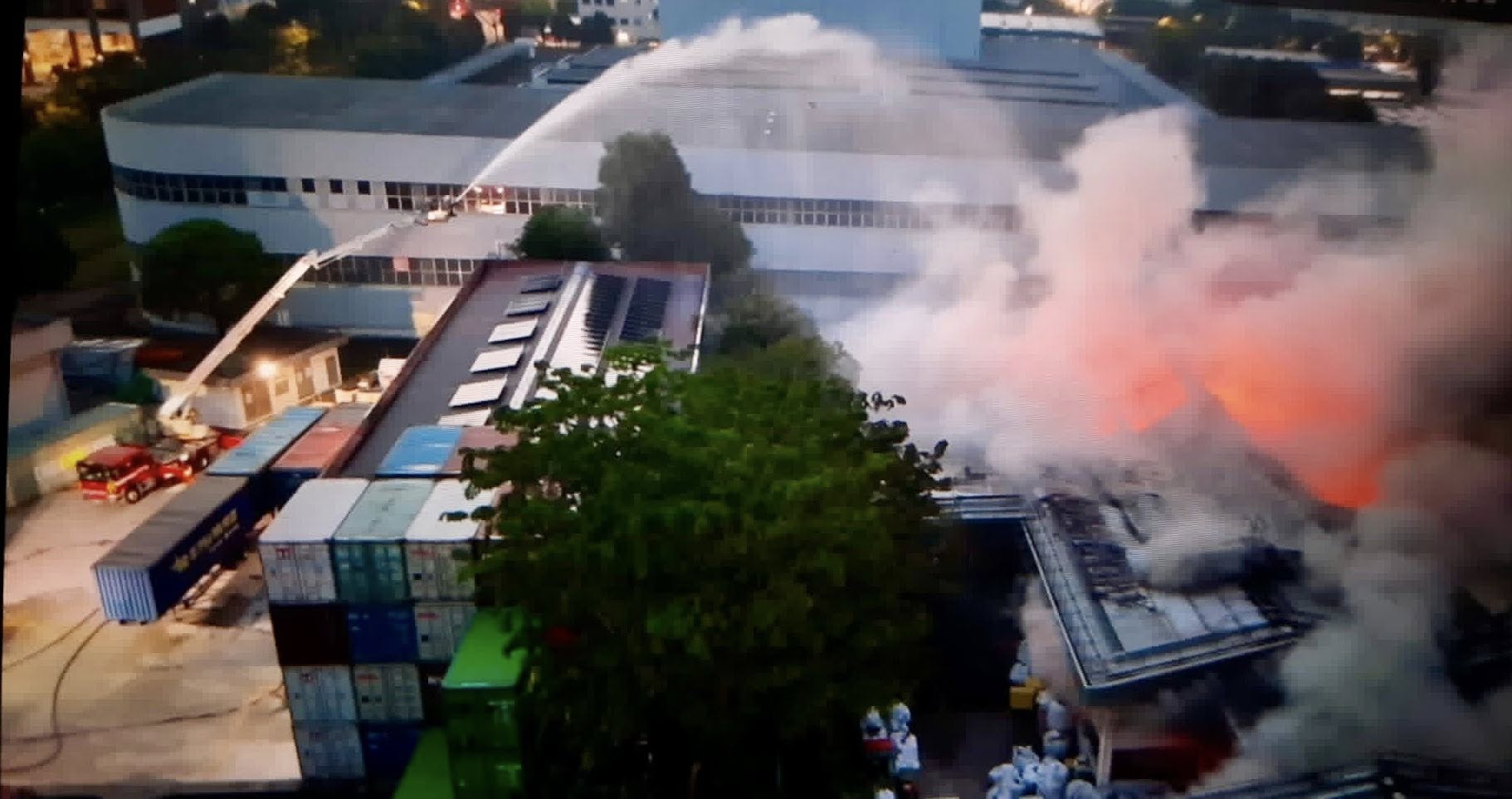 An aerial monitor was used to contain the fire.