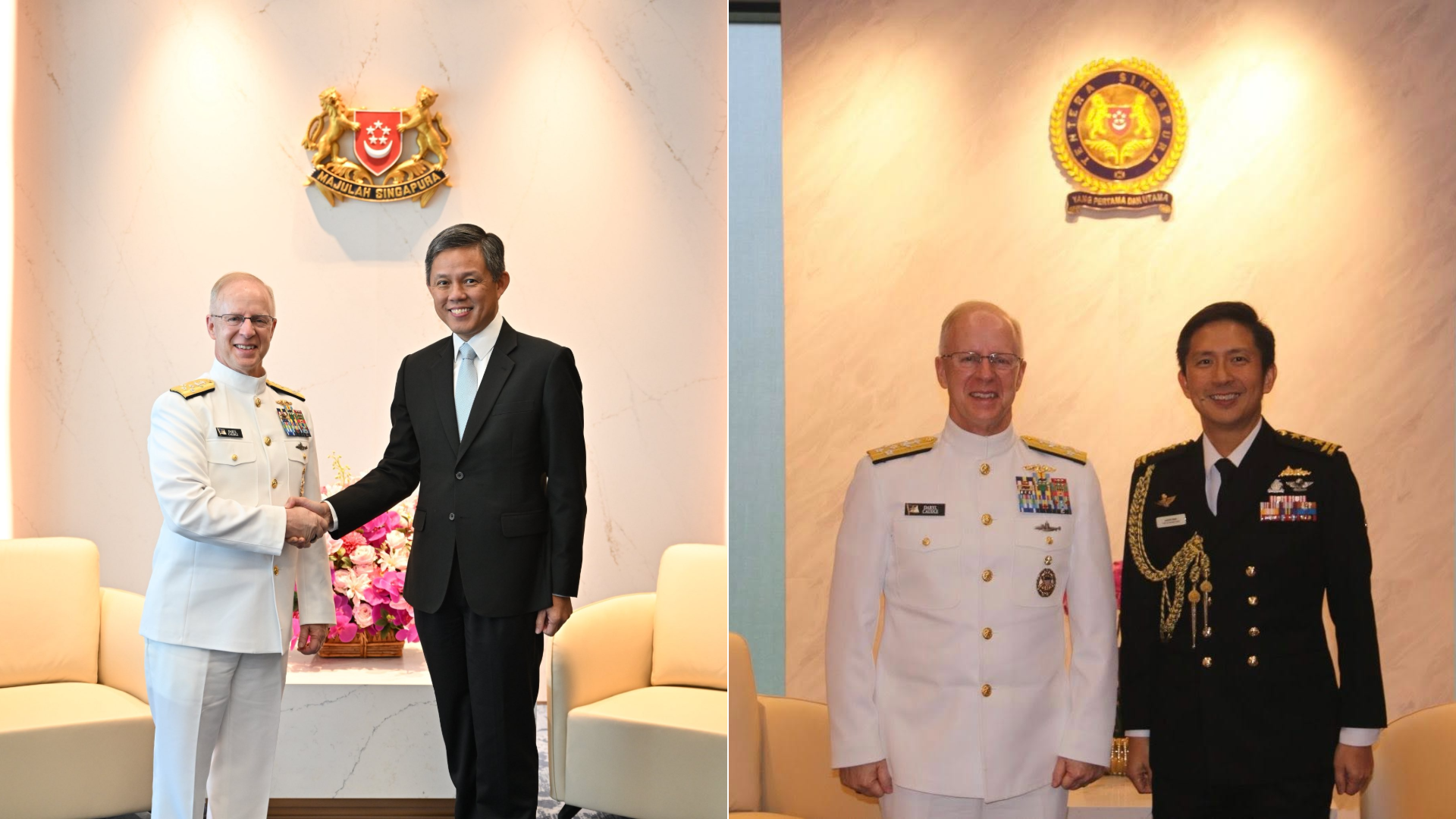 Admiral Daryl Caudle called on Defence Minister Chan Chun Sing (left) and Chief of Defence Force Vice Admiral Aaron Beng on Thursday (March 26).