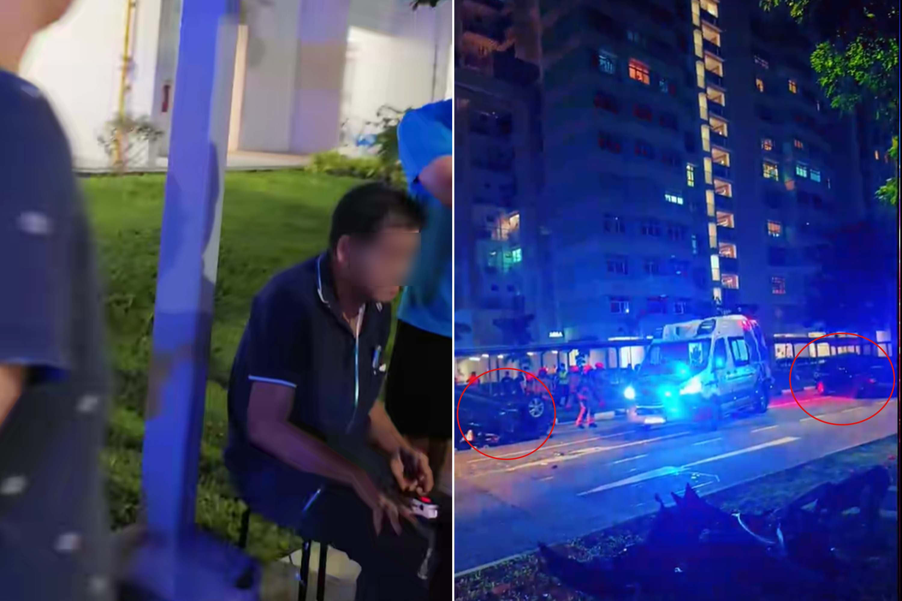Passers-by brought a stool for one of the two drivers to sit on while waiting for paramedics to check on his condition (left). The accident on Wednesday (June 10) night involved two vehicles.