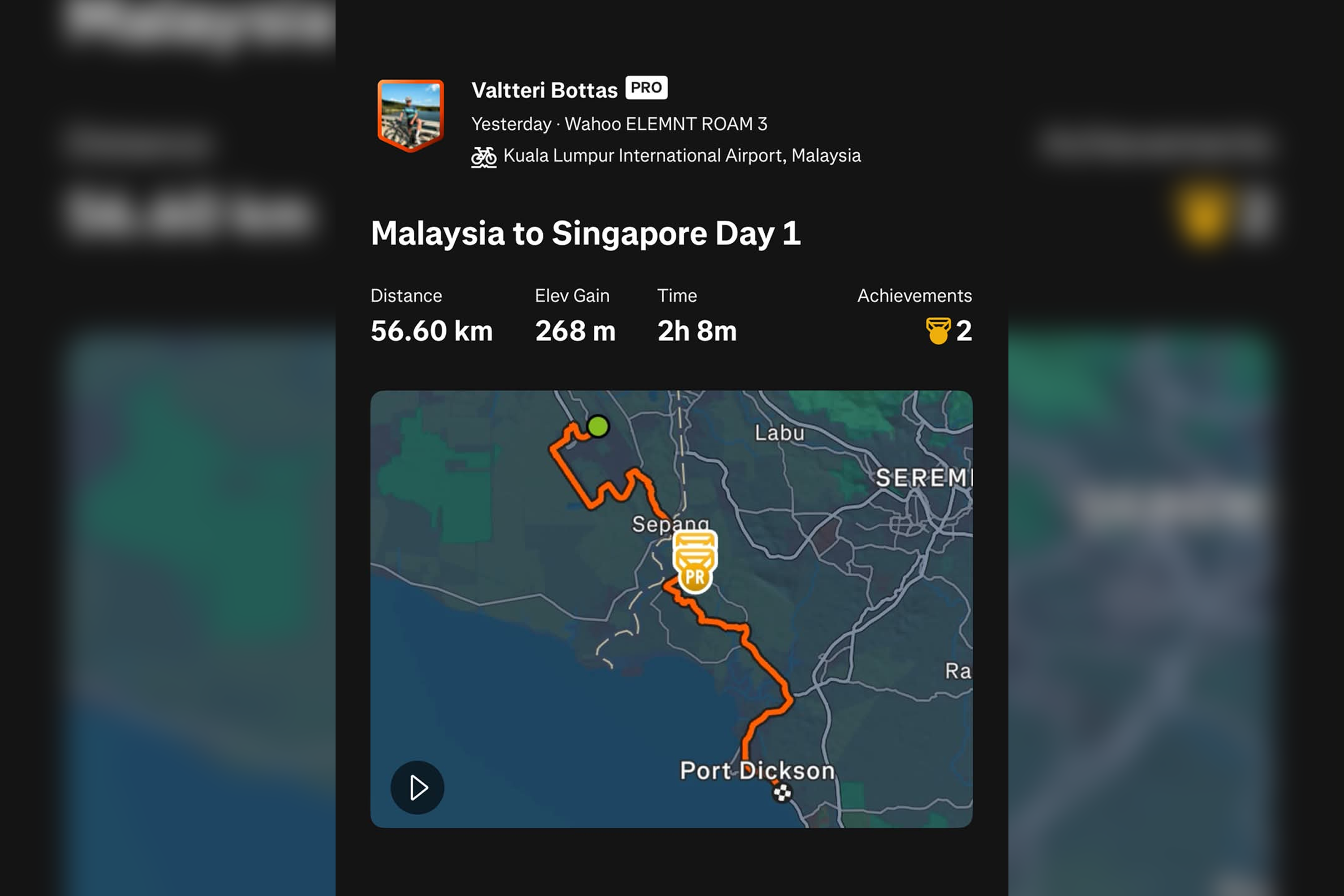 Finnish F1 driver Valtteri Bottas clocked 56.6km in slightly over 2 hours to reach the Port Dickson area after the Bahrain F1 race at Sepang International Circuit.
