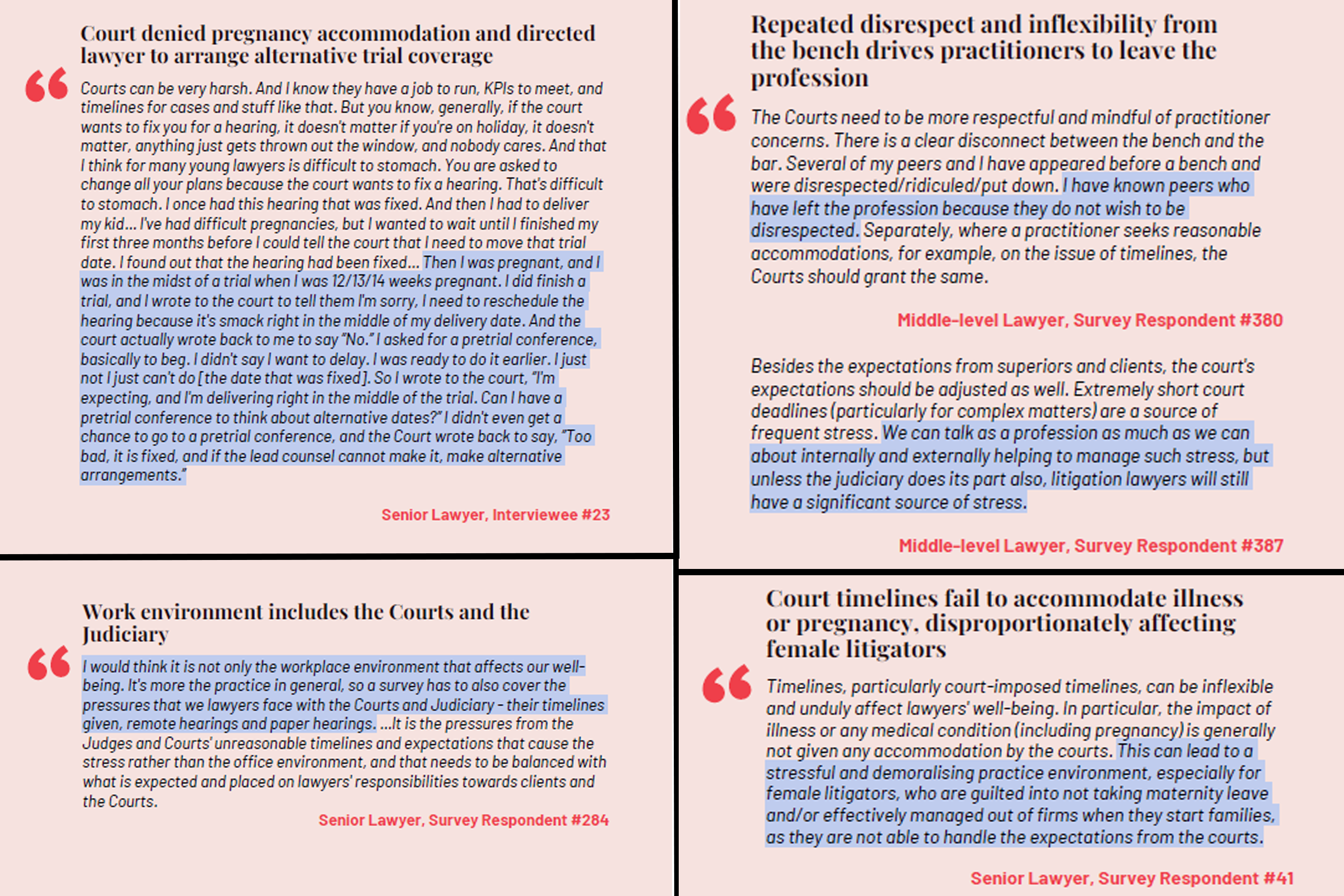 Examples relating to court deadlines and judicial interactions that could have affected the wellbeing of lawyers.