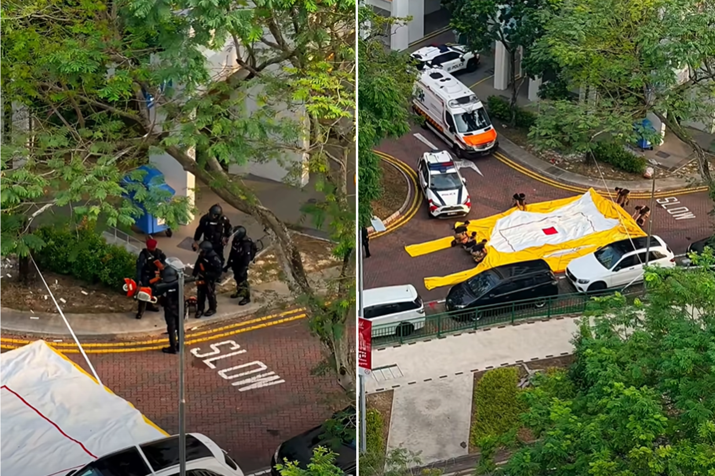 From left to right: Officers from the police's Special Operations Command seen with cutting tools after the man was taken to an ambulance. SCDF firefighters dismantling a safety life air pack which was deployed as a precautionary measure.