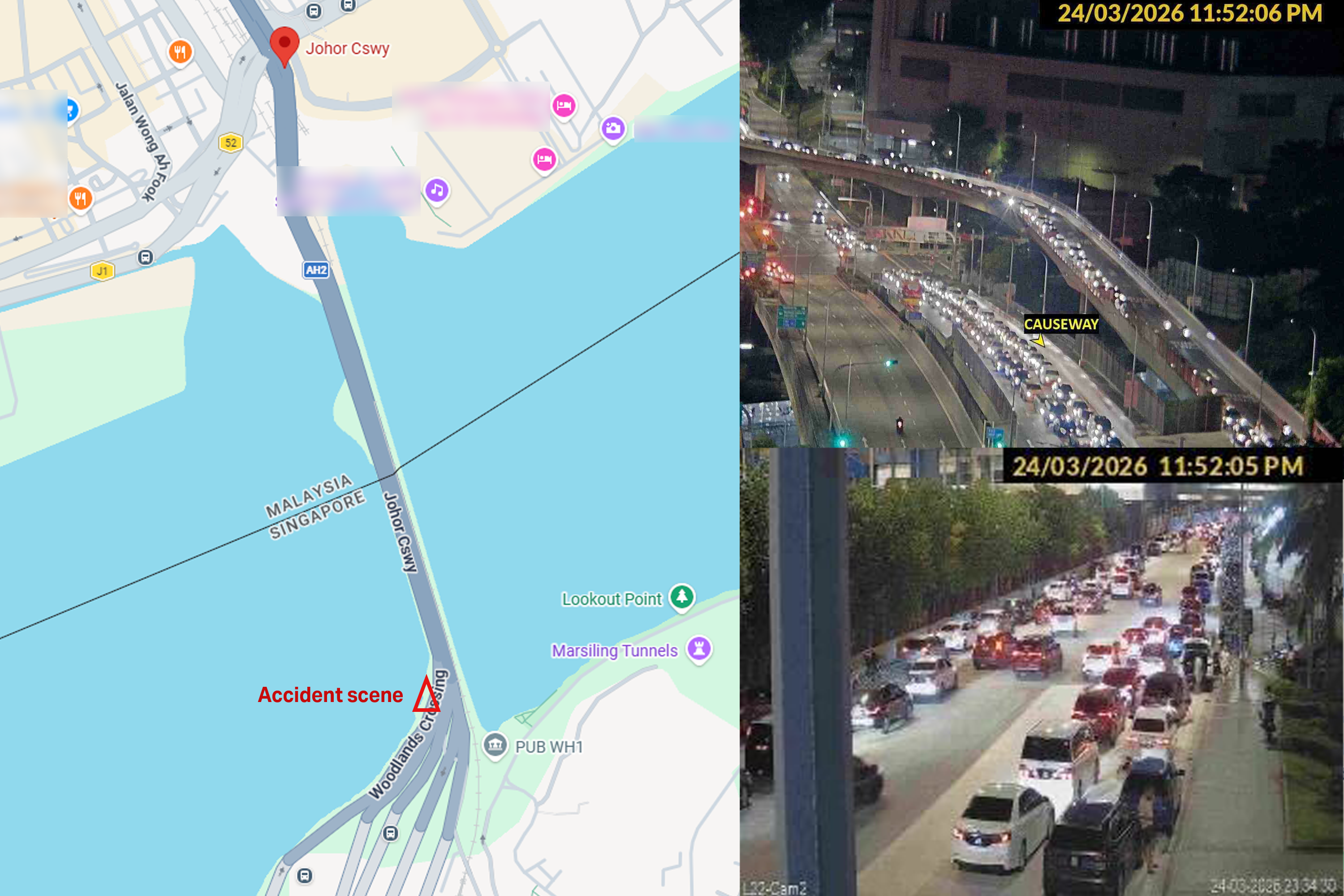 Map showing where the accident happened and the traffic tailback on Tuesday (March 24) night.
