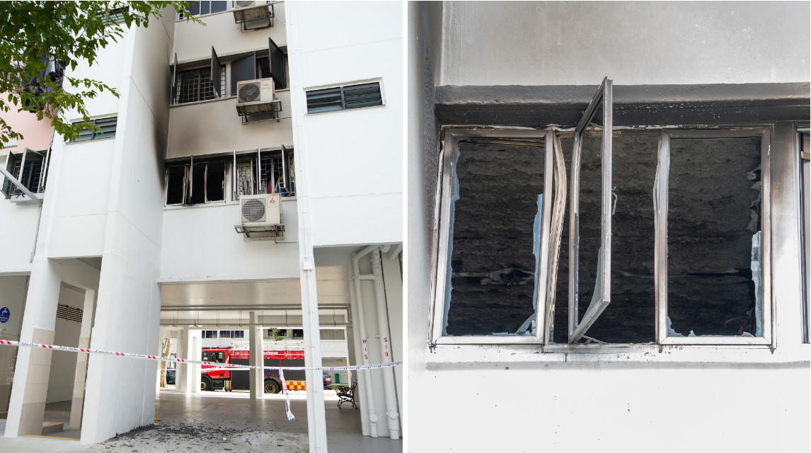 The bedroom window of the second-floor unit at Block 128 Yishun Street 11 was badly damaged by the fire. At the ground floor, debris of what appears to be broken glass, are seen just below the affected unit. Police cordoned off the area for safety reasons.