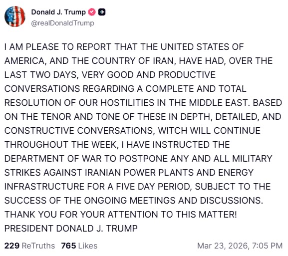 US President Donald Trump wrote in a Truth Social post on Monday (March 23) that the US and Iran have held “good and productive” conversations.
