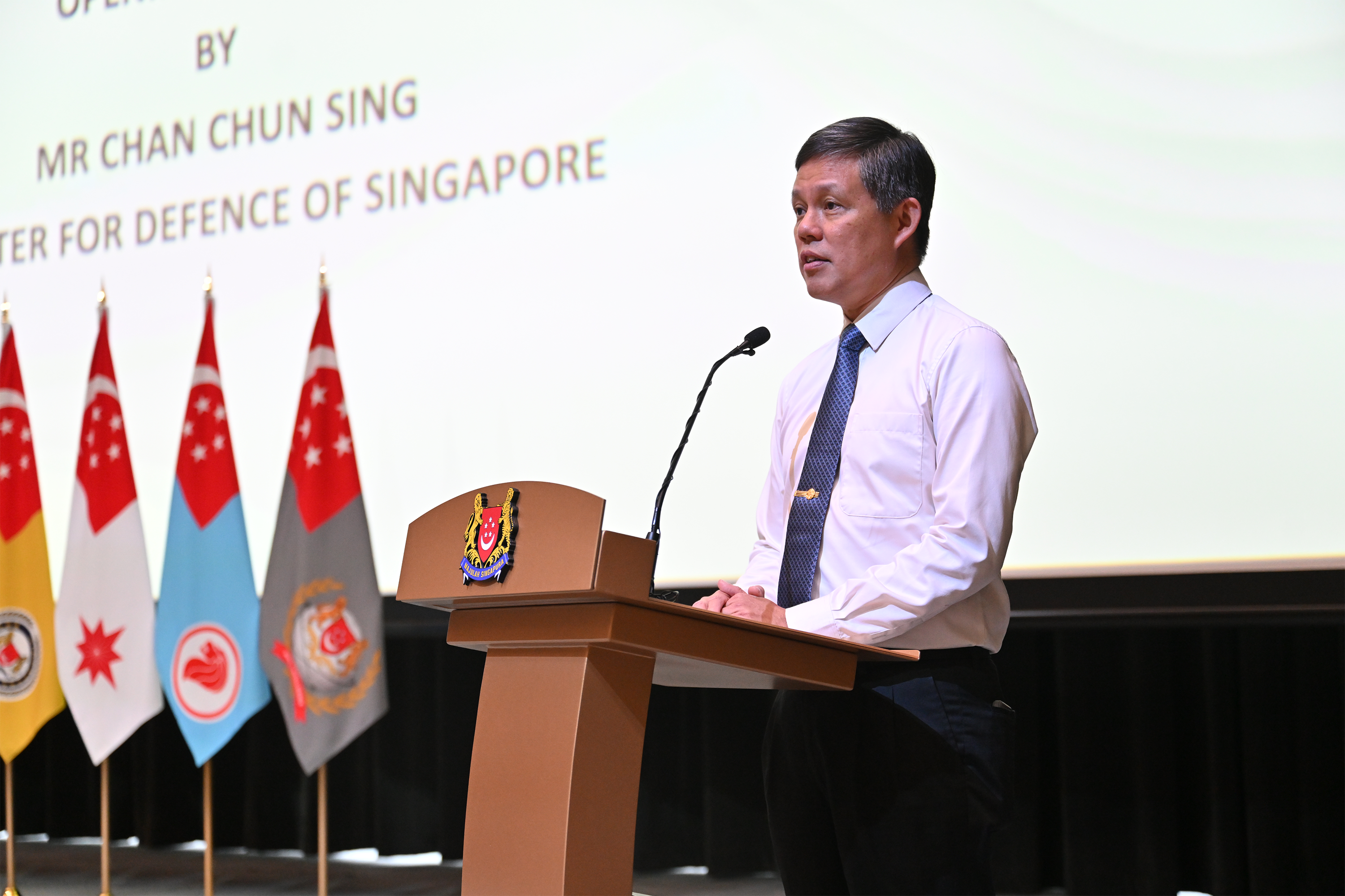 Minister for Defence Chan Chun Sing delivering his speech at the overseas service medal presentation ceremony held at the Central Manpower Base on July 13.