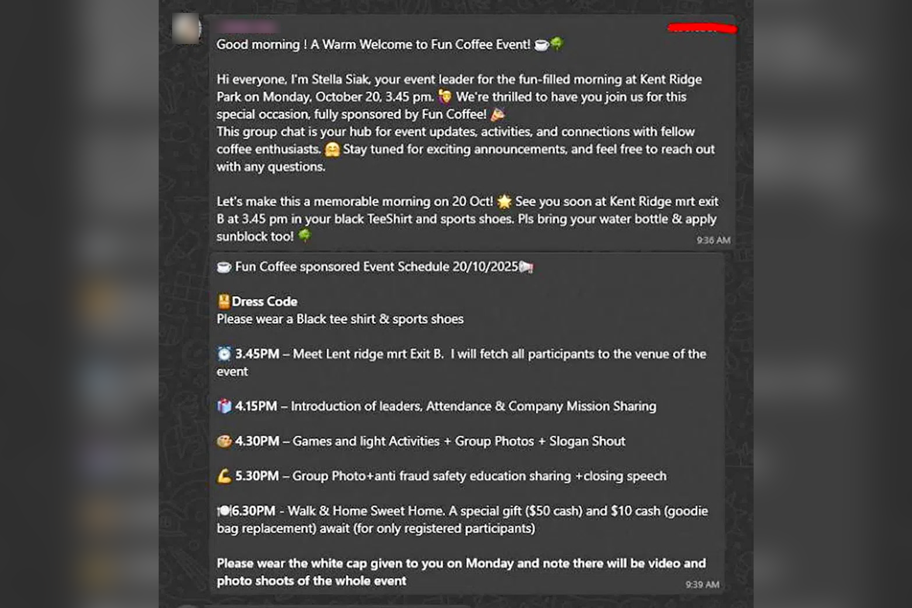 Participants of a Fun Coffee event on Oct 20, 2025, were instructed by a person named "Stella" over text.