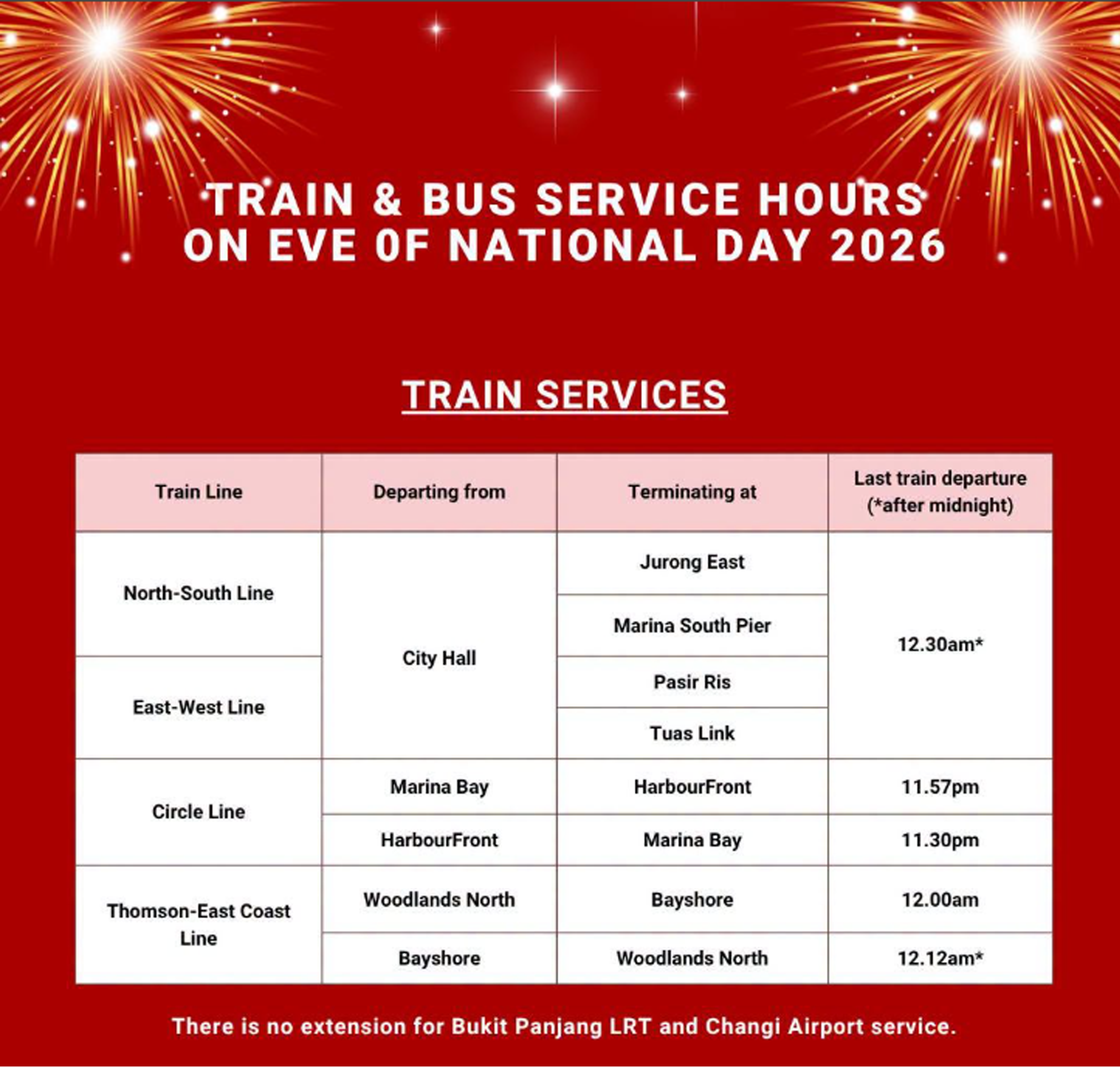 Extension of train services on the NSL, EWL, CCL and TEL on the eve of National Day (Aug 8).