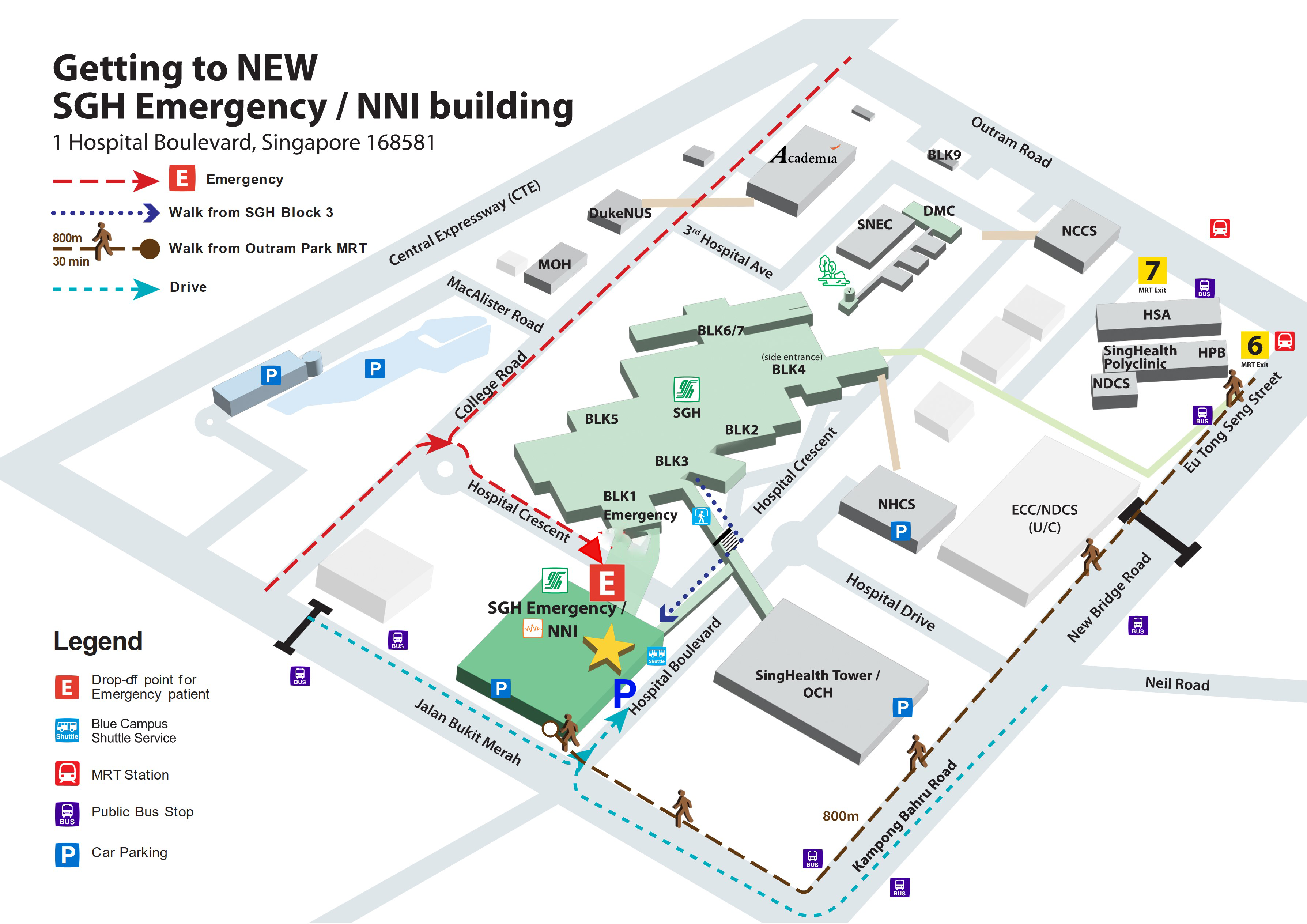 Getting to the new SGH Emergency/NNI building at 1 Hospital Boulevard.
