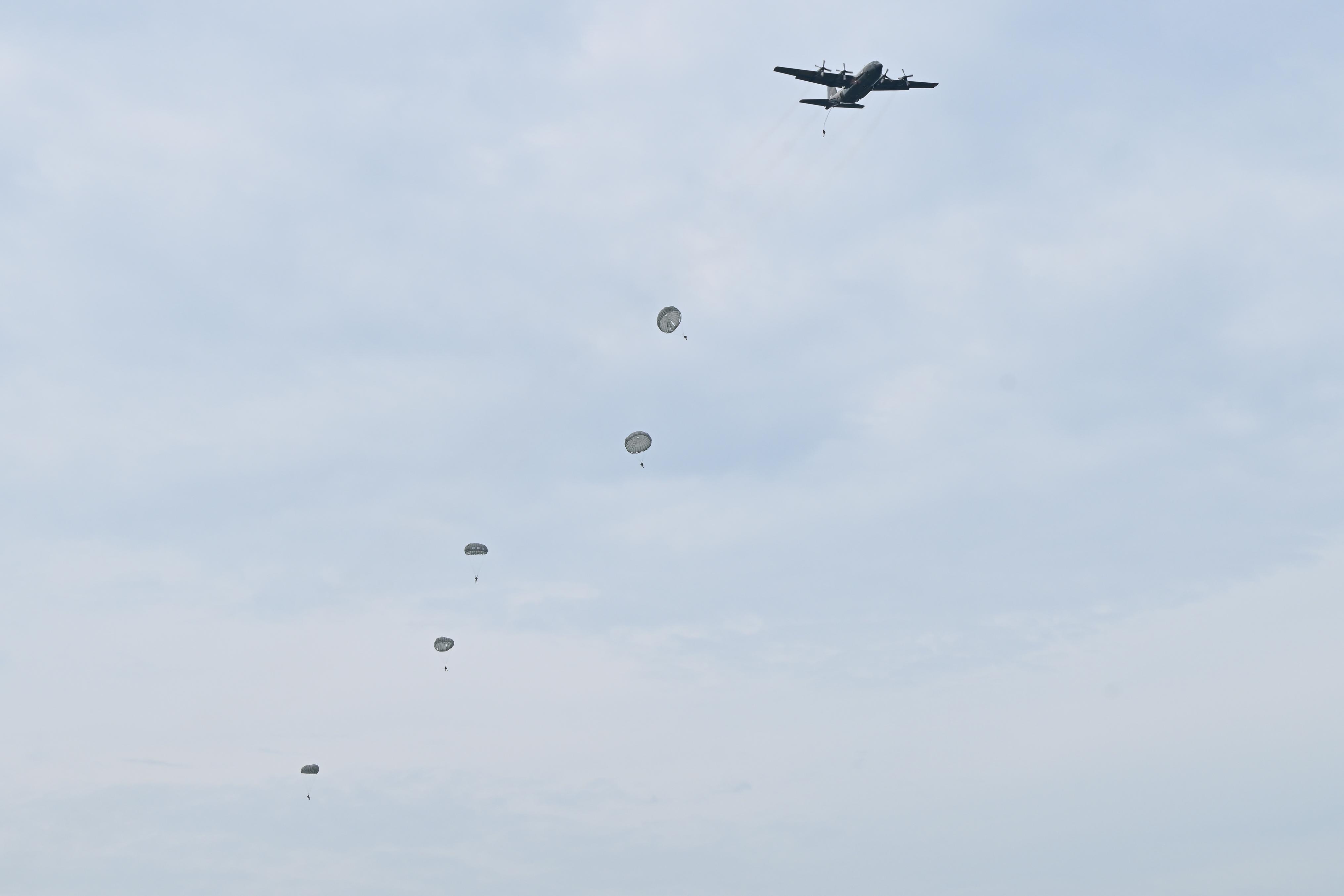 Troops from both armed forces executing a static line parachute jump.
