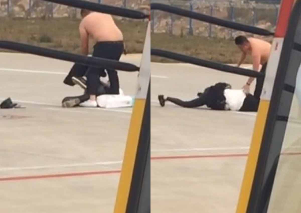 Couple brawl in China airport sees man's shirt ripped off and woman pi...