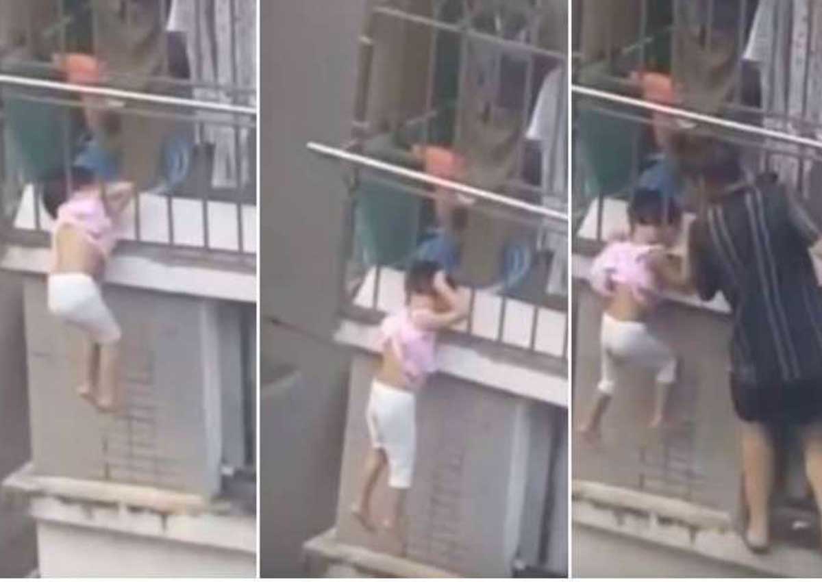 Neighbour saves 4-year-old girl dangling by her head from fourth-floor balc...