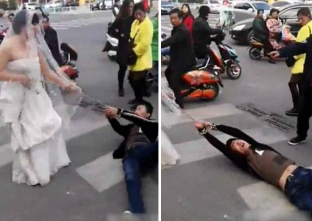 Bride in China drags groom through the streets in chains