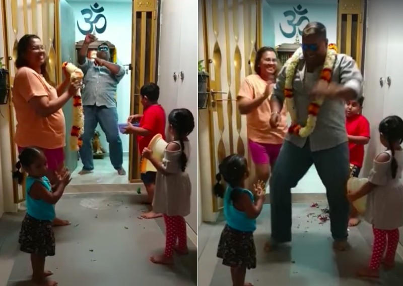 Family has dance-off outside flat to celebrate end of dad's stay-home notice