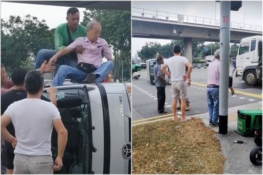 Food delivery rider rescues elderly driver from lorry that flipped on its side