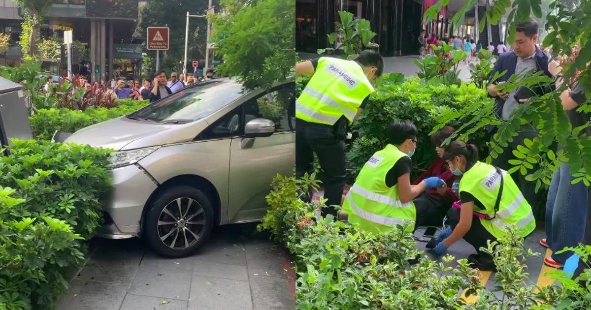 Car crashes into walkway outside Mandarin Gallery, 1 taken to hospital, Singapore News