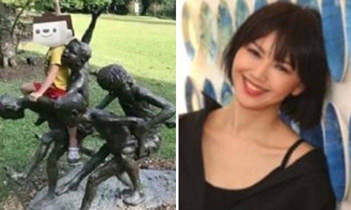 Stefanie Sun apologises after son sits on public statue, gets slammed for 'lack of class'