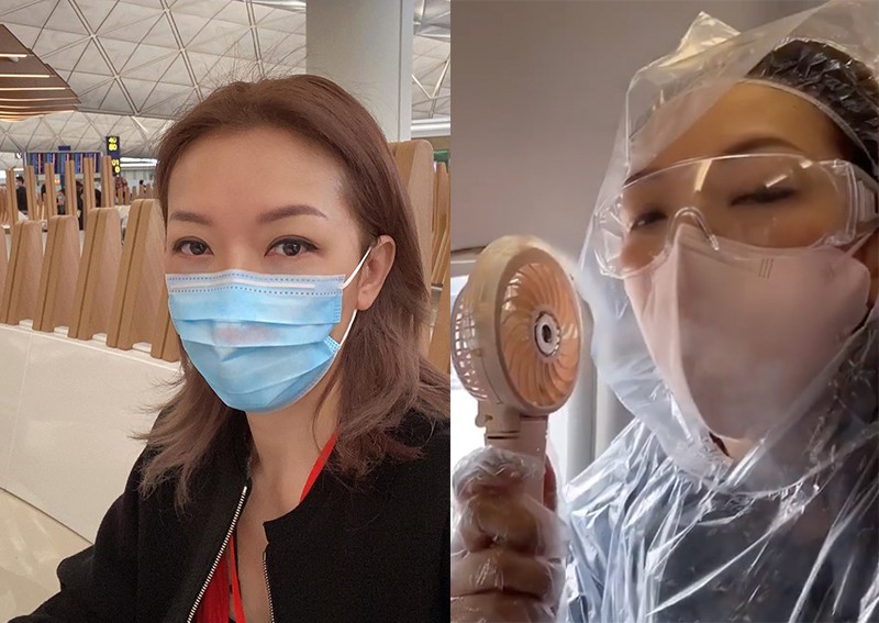 Actress Florence Kwok dons shower cap, goggles, poncho for flight to Malaysia amid coronavirus fears