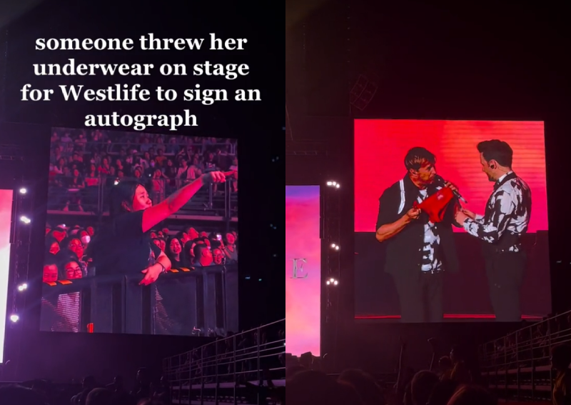 Fan throws red underwear at Westlife during Singapore concert for them to sign - do they?