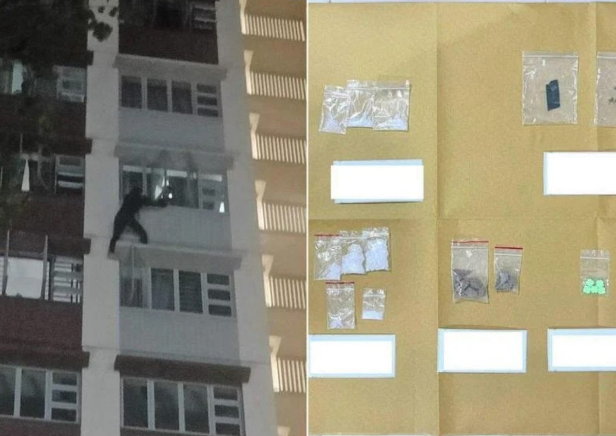 Drug suspect climbs out 9th-storey window and loses footing, CNB officer suffers injury rescuing him