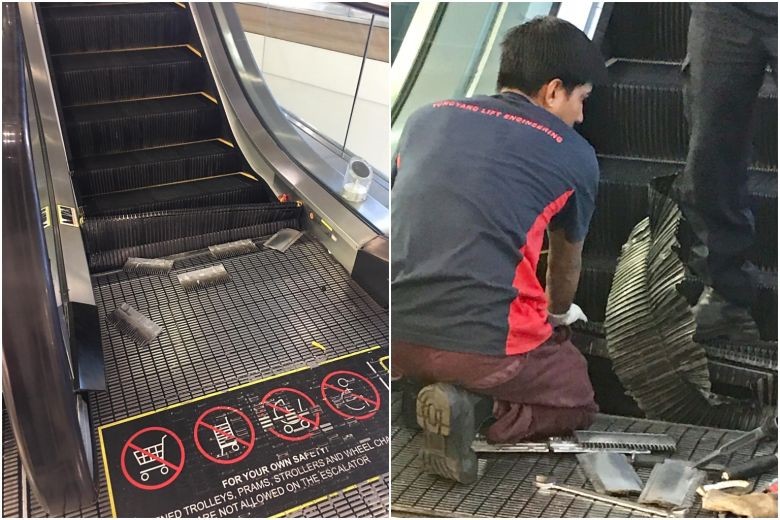 Shoppers shocked as lower steps of moving escalator collapse at Tampines 1 mall