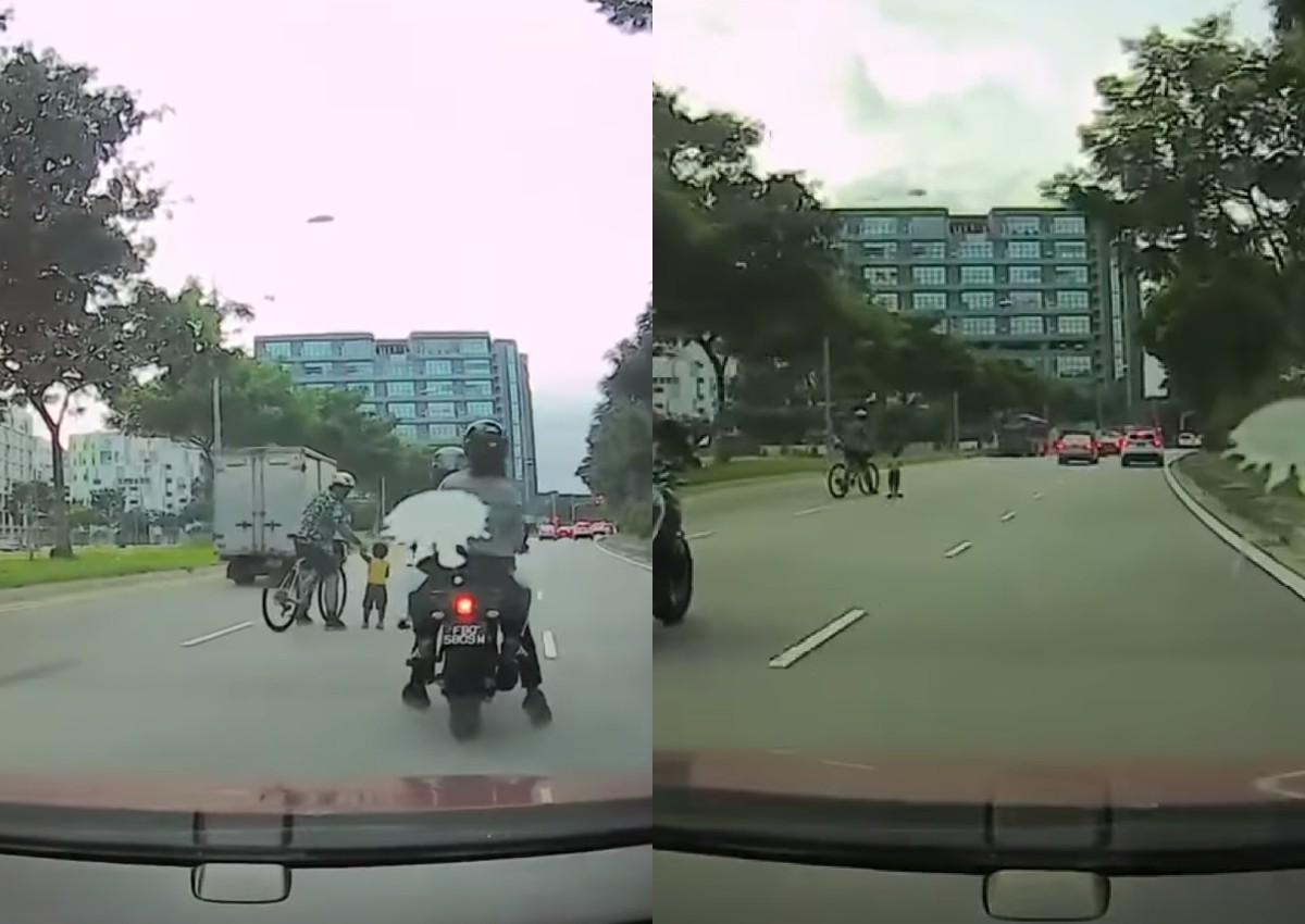 Child riding scooter ends up on road, almost hit by truck