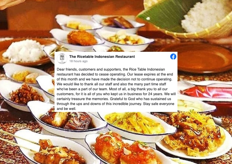 Another day, another closure: Indonesian buffet restaurant The Ricetable to cease operations after 24 years