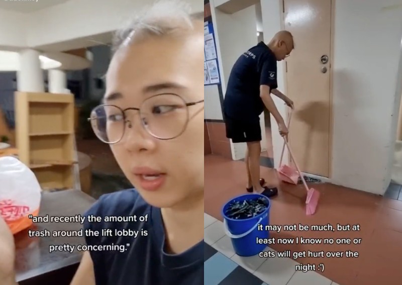 'This is not safe': Woman sweeps shattered glass at trash-filled HDB lift lobby to protect the elderly