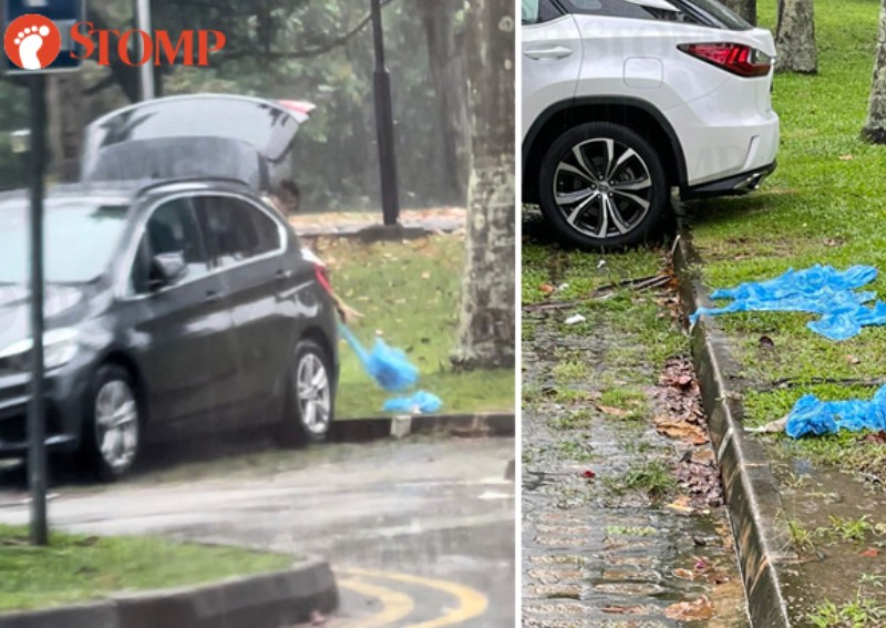 Family dump their raincoats beside their BMW and drive off