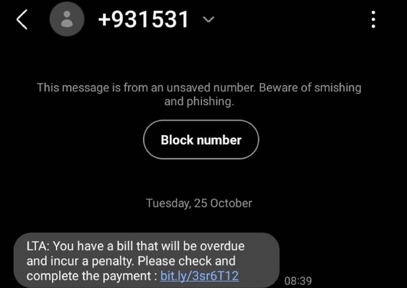 LTA warns of phishing scams involving SMSes about unpaid ERP charges