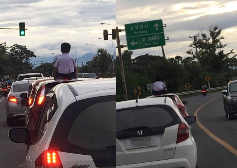 Thai parents let son sit on top of moving car, say he's always been doing it