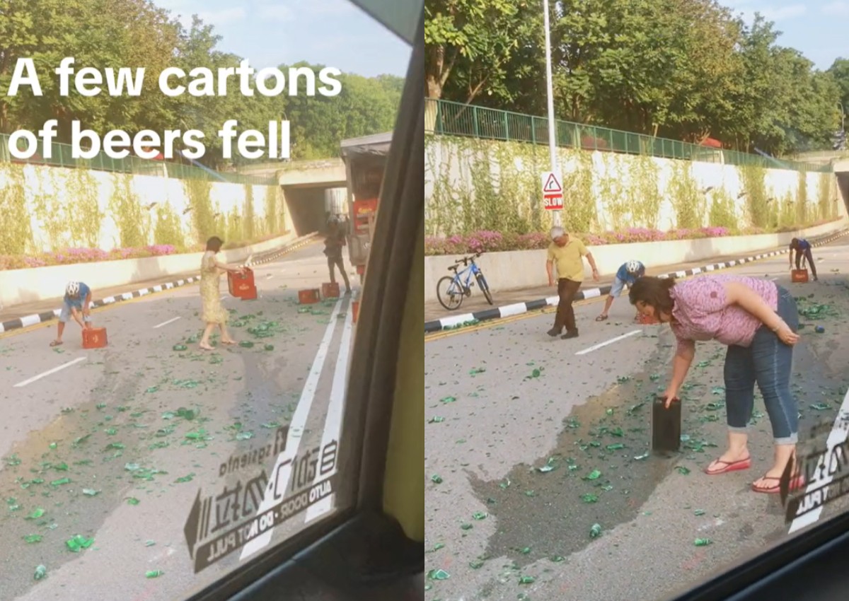 Passers-by help to clean up glass shards on road after lorry spills crates of beer at Kallang