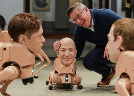Robot dogs with Musk and Zuckerberg heads roam around Berlin museum in Beeple's new exhibit