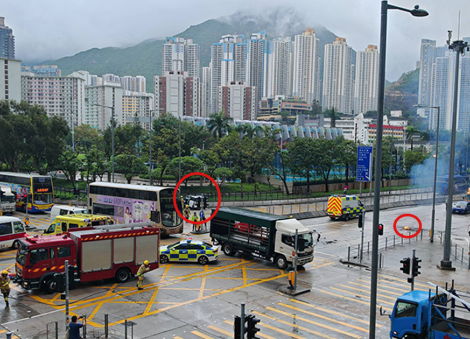 EV crashes into railing at HK's Kowloon Bay; railing hits taxi and seriously injures elderly pedestrian 