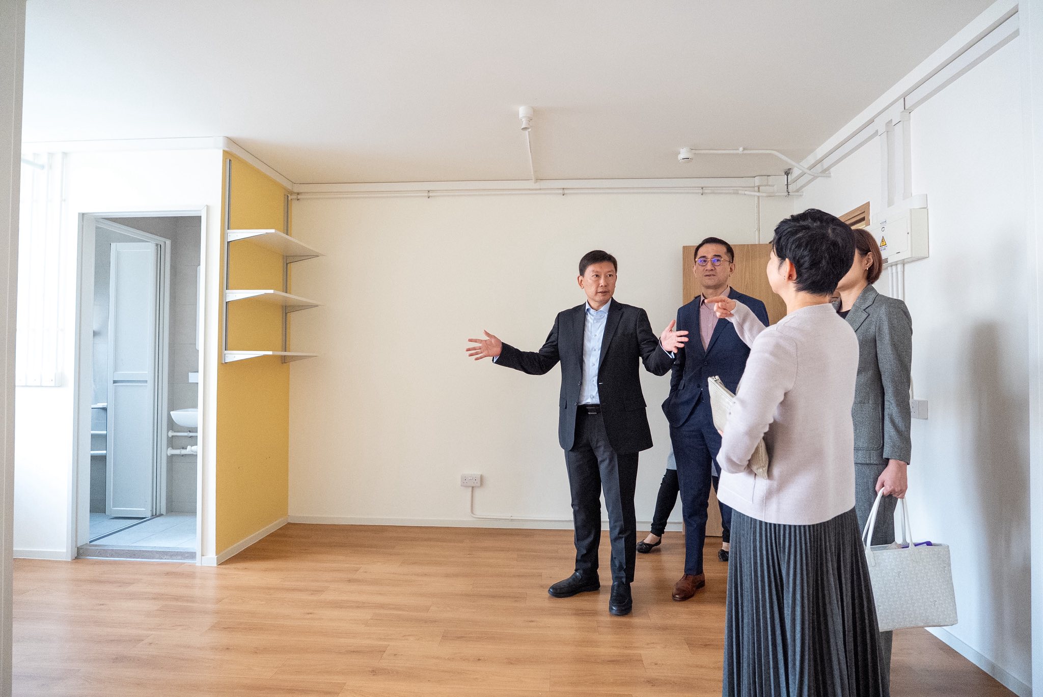 National Development Minister Chee Hong Tat visiting the light public housing project at Choi Hing Road which utilises modular construction.