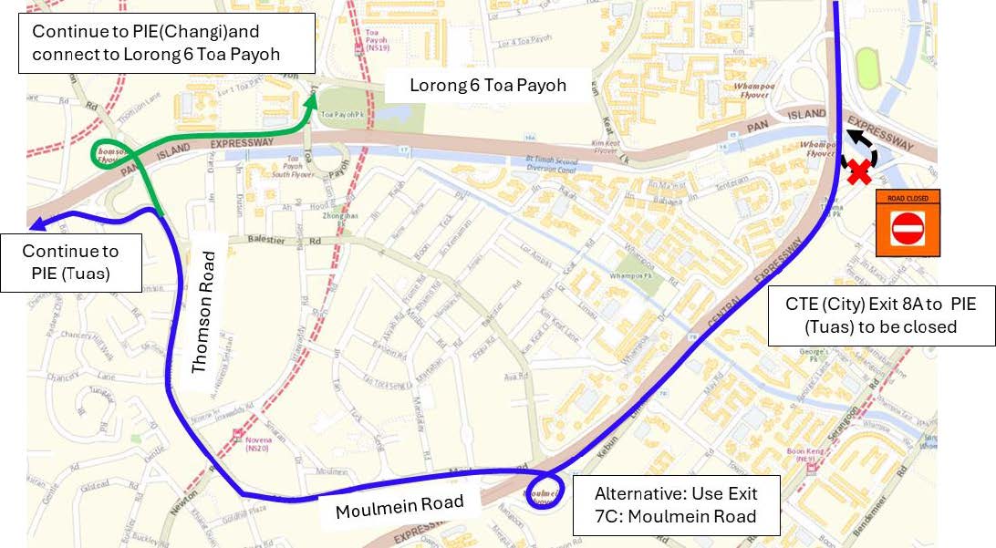 Alternate route during the temporary closure of Exit 8A at the city-bound CTE. GRAPHIC: Urban Redevelopment Authority