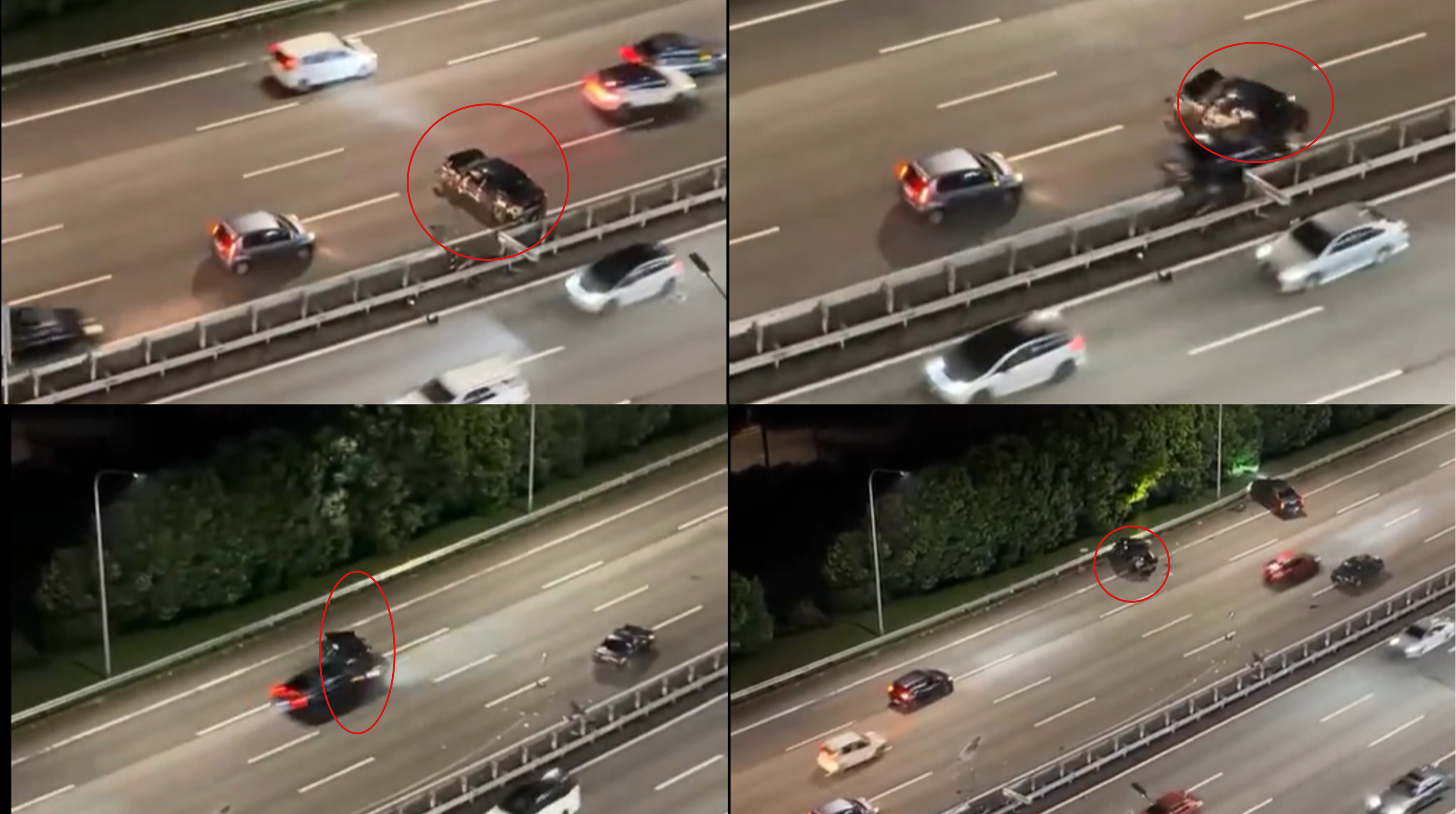 Scene breakdown of the footage showing a car being struck thrice within a matter of minutes on a Kuala Lumpur highway on Sunday (May 10) night.