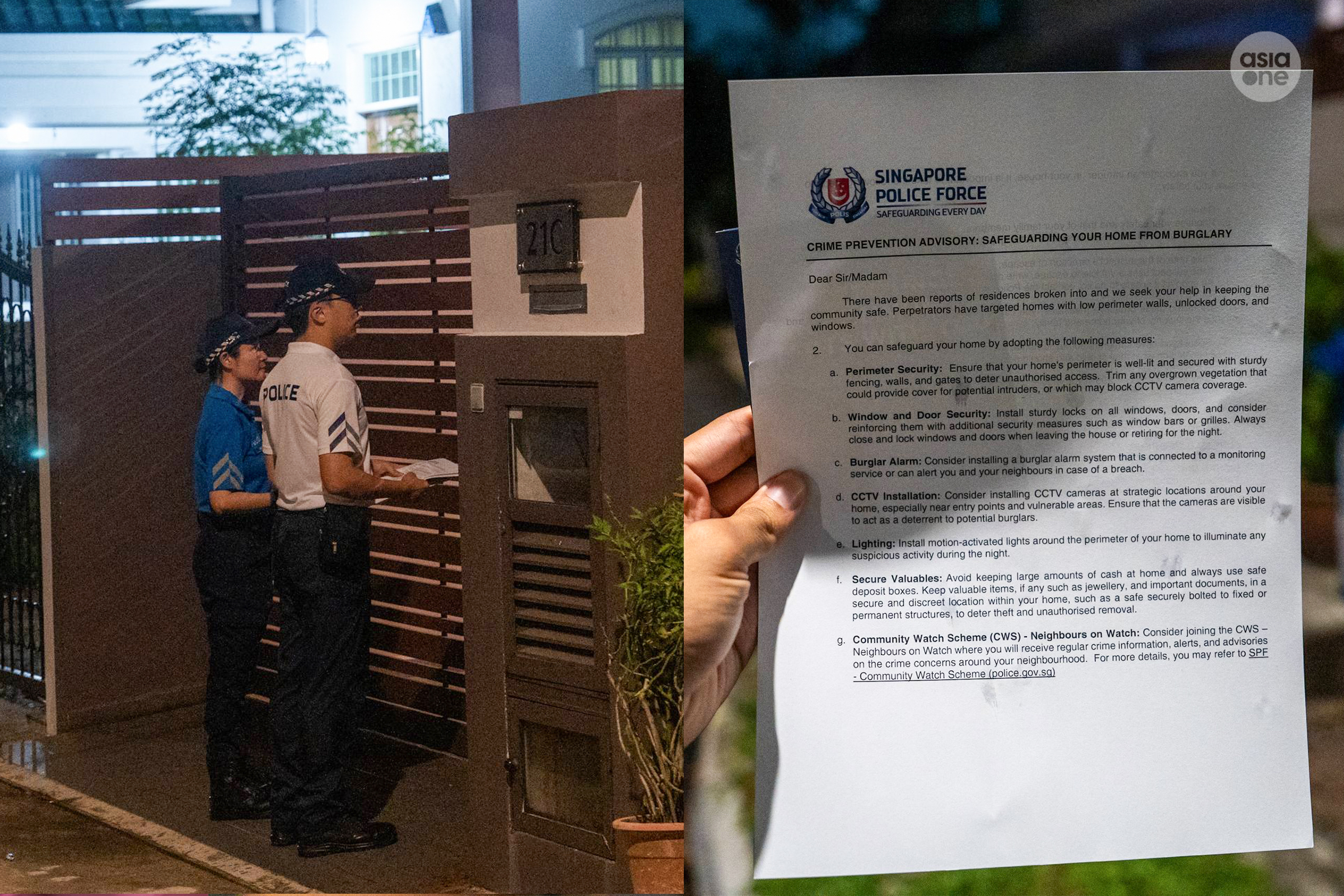 Police officers and Volunteer Special Constabulary (VSC)(Community) officers handing out crime prevention advisory notes to residents.