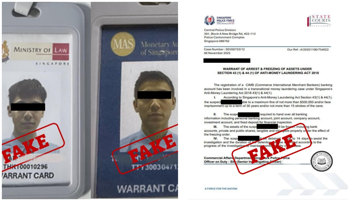 The scammers presented fake documents and passes to convince the victim that she was under investigation. PHOTOS: Singapore Police Force