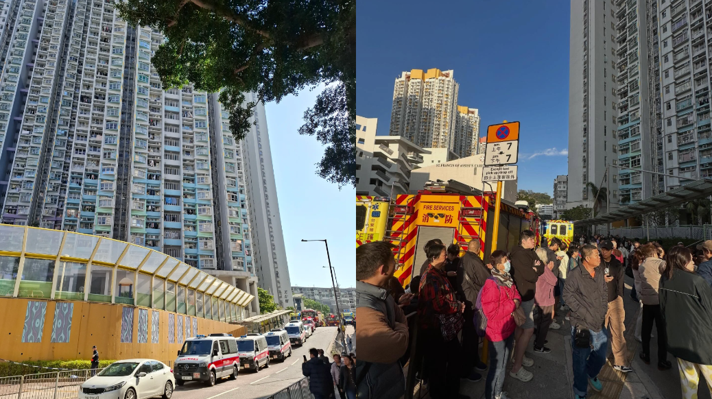 Emergency vehicles lined the street adjacent to the Shek Kip Mei Estate as residents waited at an open area away from the affected building.