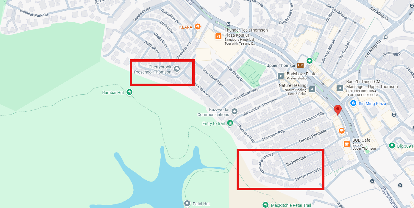 Map showing where the two incidents at Upper Thomson happened.
