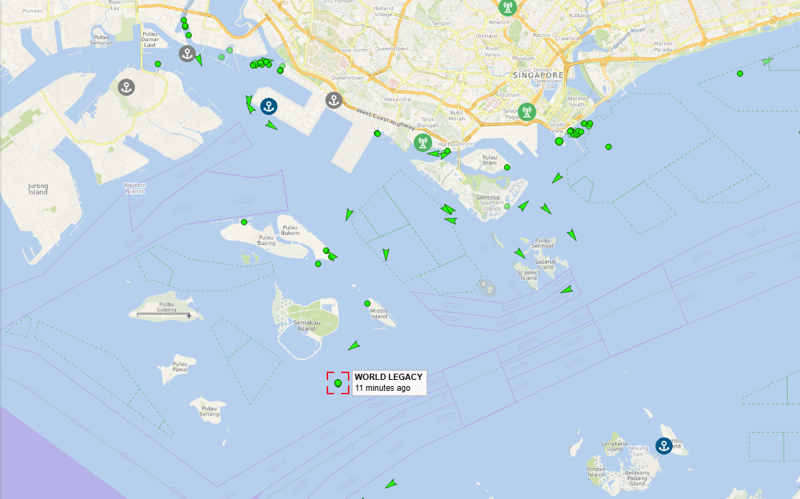 As at 8.45am, cruise ship World Legacy is anchored at Raffles Reserved Anchorage.