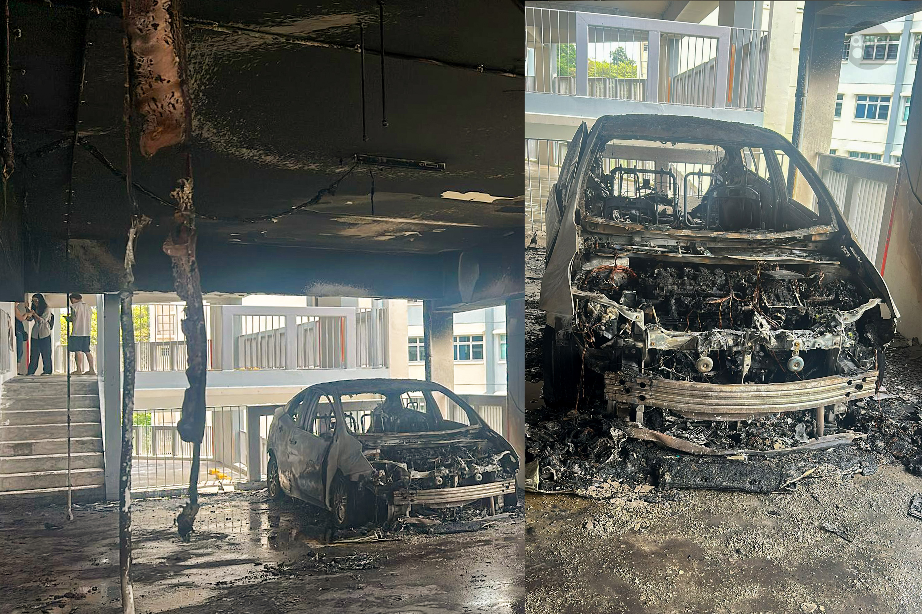 Heat and smoke damage were seen on the walls and ceiling near where the Toyota Prius car was parked.